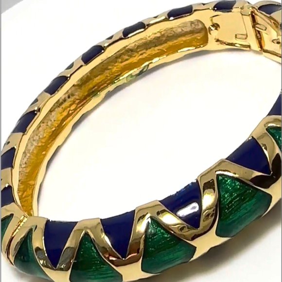 KENNETH JAY LANE, BLUE/GREEN TWO TONE ENAMEL BANGLES - Picture 1 of 14